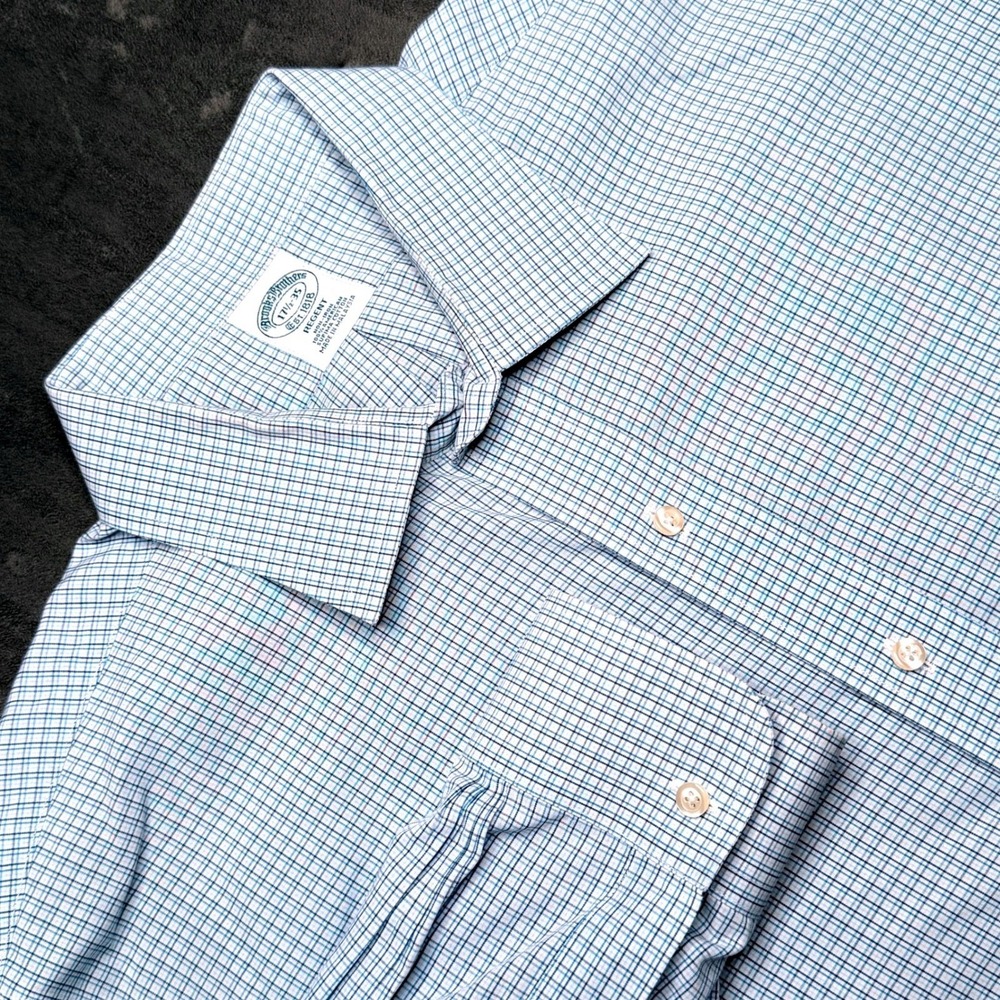 Brooks Brothers Regent Dress Shirt 17.5 35 Turqoise White Check Supima Cotton